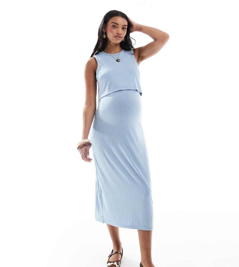 Mamalicious Maternity - Geripptes Midi-Stillkleid in Hellblau mit zwei Funktionen von Mama.licious