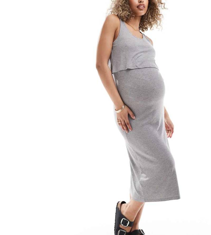 Mamalicious Maternity - Geripptes Midi-Stillkleid mit 2 Funktionen in Grau von Mama.licious