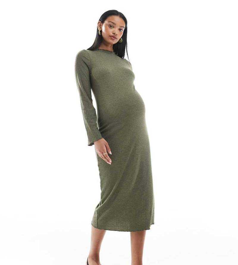 Mamalicious Maternity - Geripptes Midikleid in Khaki mit Kräuselsaum-Grün von Mama.licious