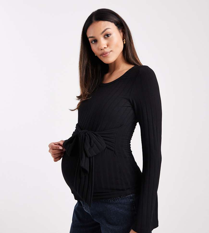 Mamalicious Maternity - Geripptes Umstands-Oberteil aus Jersey in Schwarz mit Schnürung vorne, Kombiteil von Mama.licious