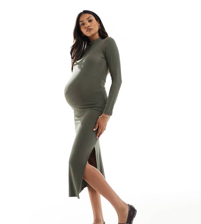 Mamalicious Maternity - Hochgeschlossenes, geripptes und langärmliges Midikleid aus weichem Material in Weinblatt-Grün, Umstandsmode von Mama.licious