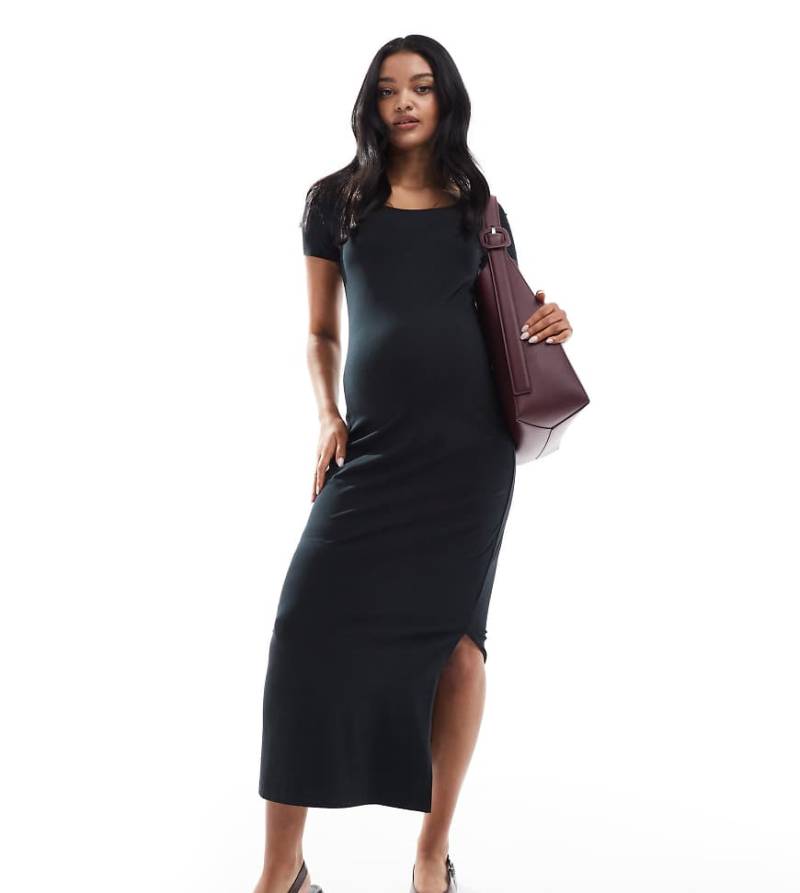 Mamalicious Maternity - Kurzärmliges Jersey-Midikleid in Schwarz mit U-Ausschnitt, Umstandsmode von Mama.licious