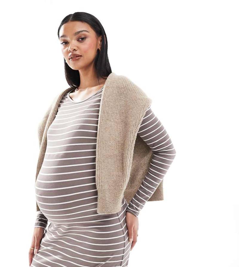 Mamalicious Maternity - Langärmliges Umstands-Maxikleid aus Jersey in Taupe gestreift-Neutral von Mama.licious