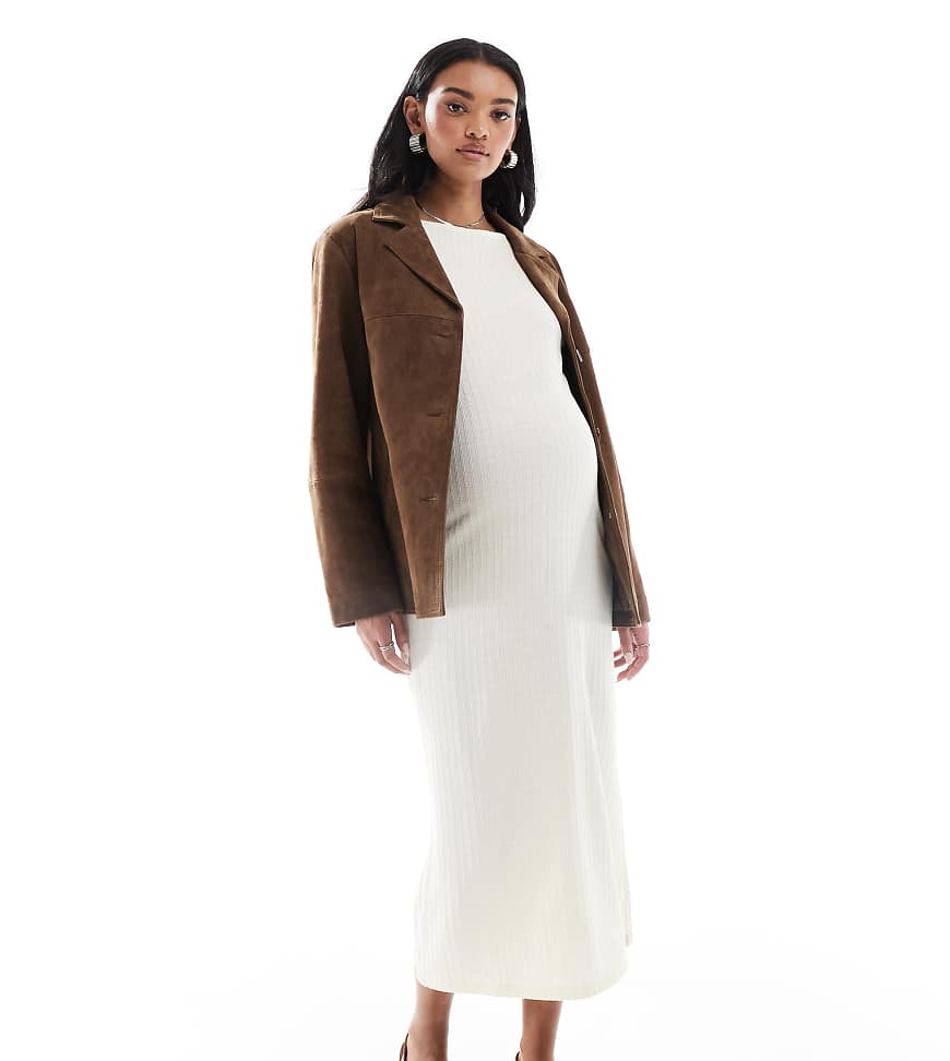 Mamalicious Maternity - Langärmliges Umstands-Midikleid aus geripptem Jersey in Cremeweiß-Neutral von Mama.licious