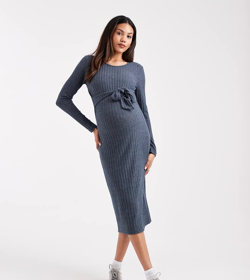 Mamalicious Maternity - Langärmliges Umstands-Midikleid in meliertem Marineblau mit Schnürung vorn von Mama.licious