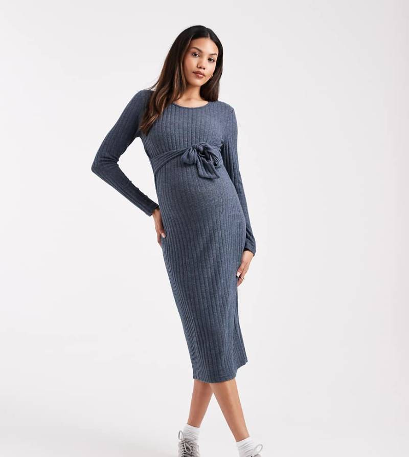 Mamalicious Maternity - Langärmliges Umstands-Midikleid in meliertem Marineblau mit Schnürung vorn von Mama.licious