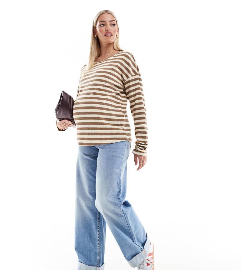 Mamalicious Maternity - Langärmliges Umstandsshirt mit Bretonstreifen in Weiß und Gelb von Mama.licious
