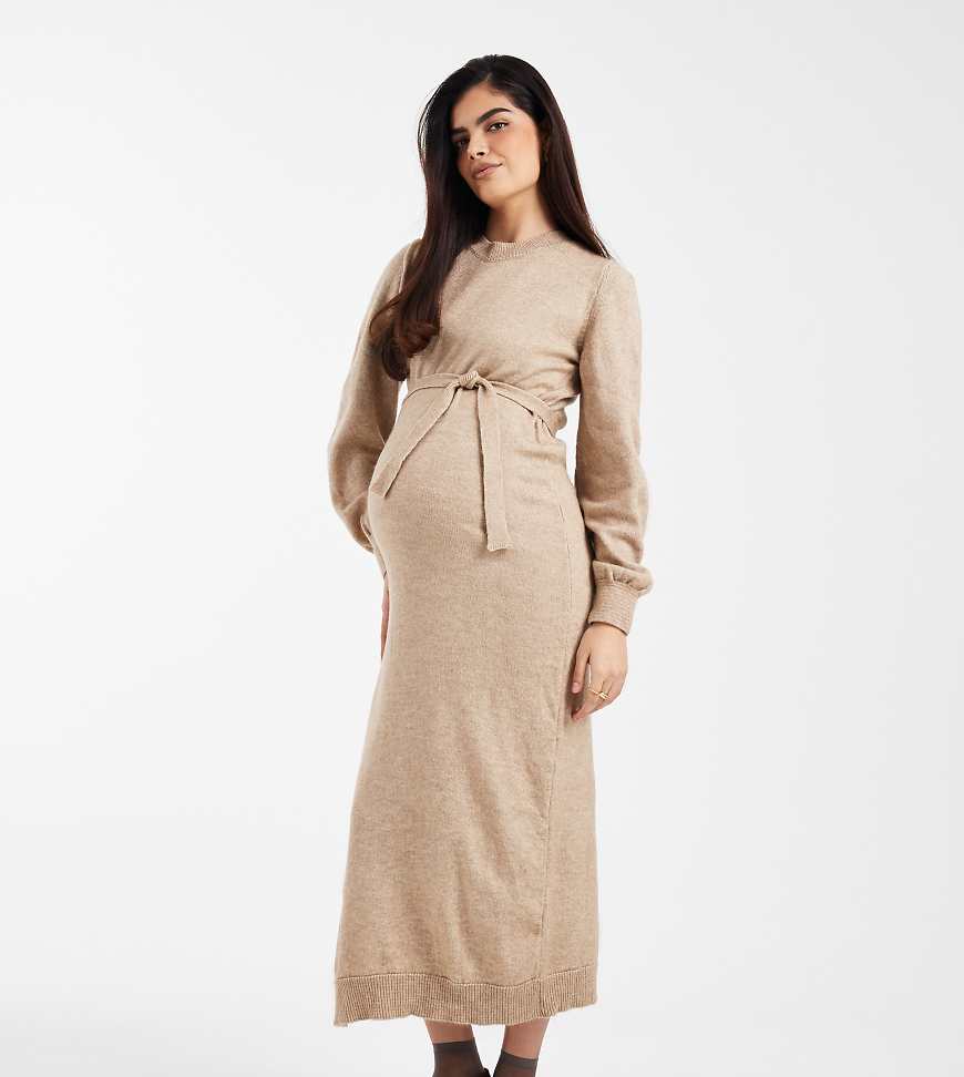 Mamalicious Maternity - Maxi-Strickkleid in meliertem Naturton mit Bindegürtel und Blousonärmeln-Neutral von Mama.licious