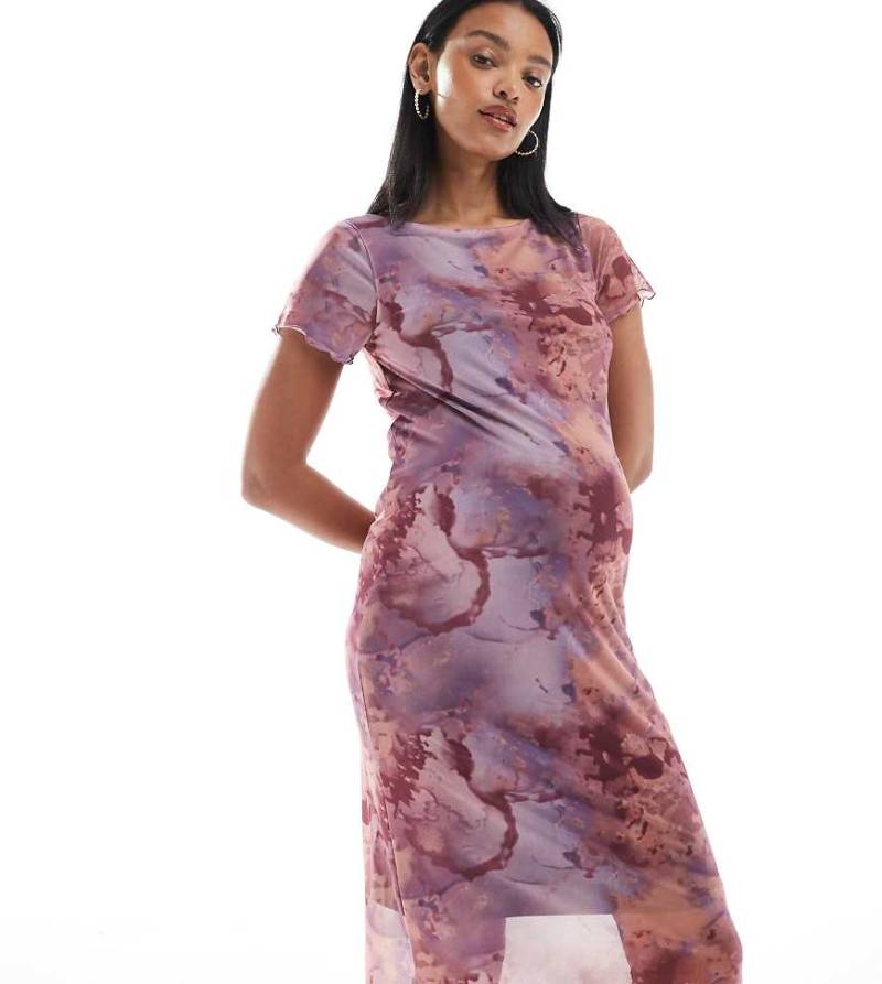 Mamalicious Maternity - Midikleid aus Jersey-Netzstoff mit rosa Marmormuster und U-Boot-Ausschnitt, Umstandsmode von Mama.licious