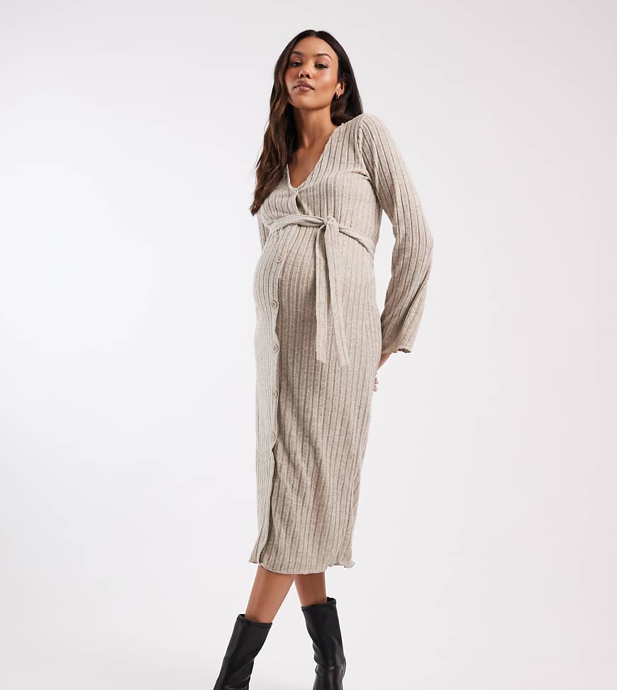 Mamalicious Maternity - Midikleid aus sehr weichem Rippstrick in Creme meliert mit Bindeband in der Taille, Umstandsmode-Weiß von Mama.licious