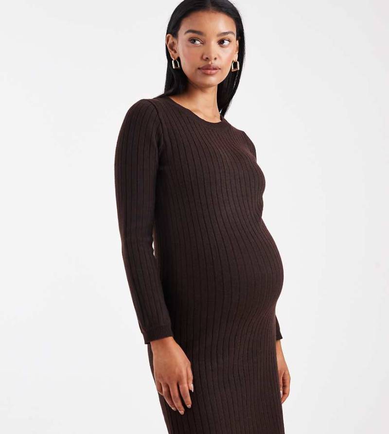 Mamalicious Maternity - Minikleid aus Rippstrick in meliertem Schokobraun mit Taillenband, Umstandsmode-Brown von Mama.licious