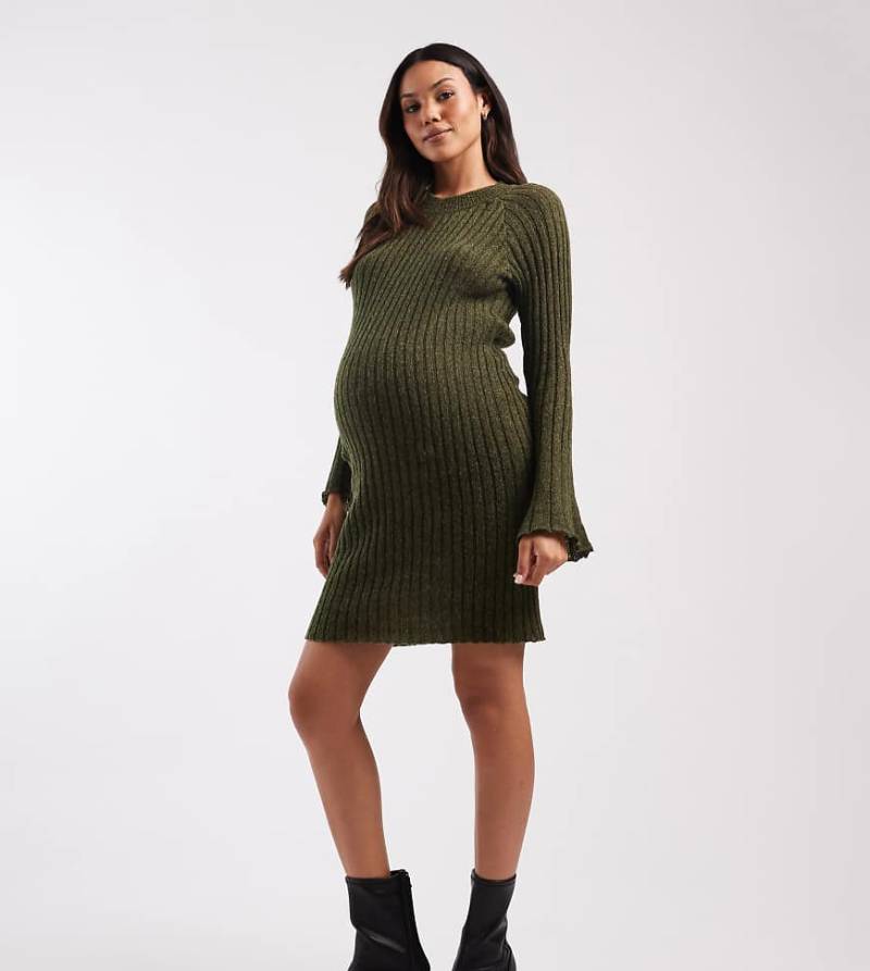 Mamalicious Maternity - Minikleid aus weichem Rippstrick in Khaki meliert mit ausgestellten Ärmeln-Grün von Mama.licious