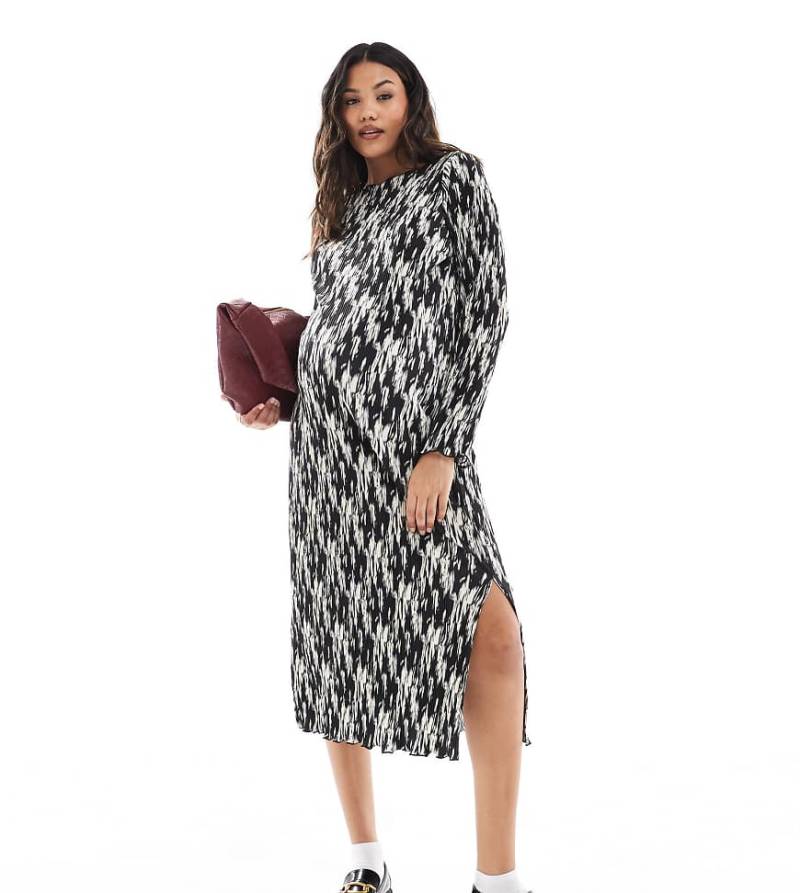 Mamalicious Maternity - Plissee-Midikleid mit schwarz-weißem Muster und Seitenschlitz, Umstandsmode von Mama.licious