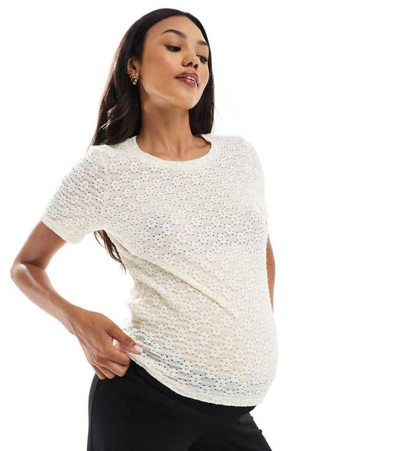 Mamalicious Maternity - Strukturiertes Jersey-T-Shirt in Creme, Umstandsmode-Weiß von Mama.licious