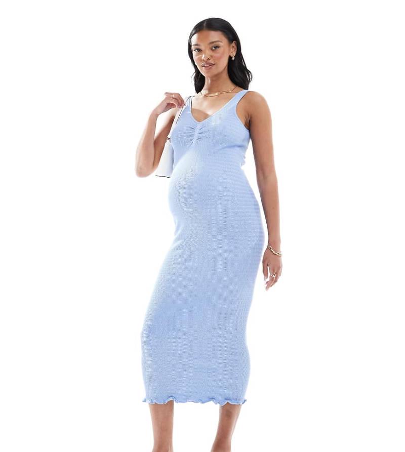 Mamalicious Maternity - Strukturiertes Midikleid in Blau mit figurformendem Tanktop und Kräuselsaum von Mama.licious
