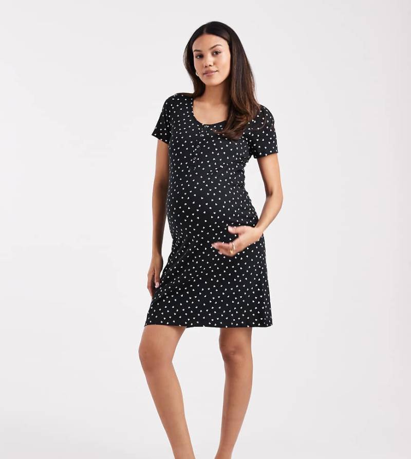 Mamalicious Maternity - Umstandsnachthemd in Scharz mit rosa Herzmuster samt Stillfunktion-Schwarz von Mama.licious