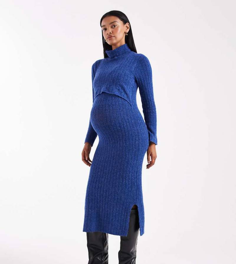 Mamalicious Maternity - Weiches, geripptes Midikleid aus Strick in blau meliert mit Stillfunktion, Umstandsmode von Mama.licious