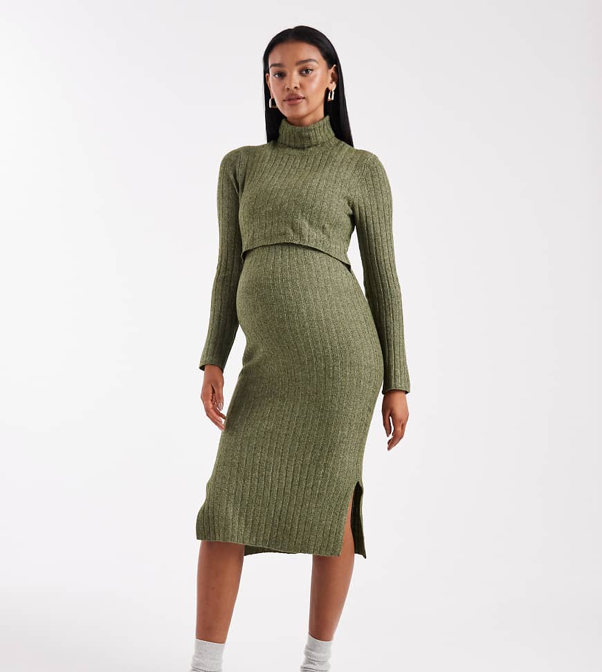 Mamalicious Maternity - Weiches, geripptes Midikleid aus Strick in khaki meliert mit Stillfunktion-Grün Mamalicious Maternity - Weiches, geripptes Midikleid aus Strick in khaki meliert mit Stillfunktion-Grün von Mama.licious