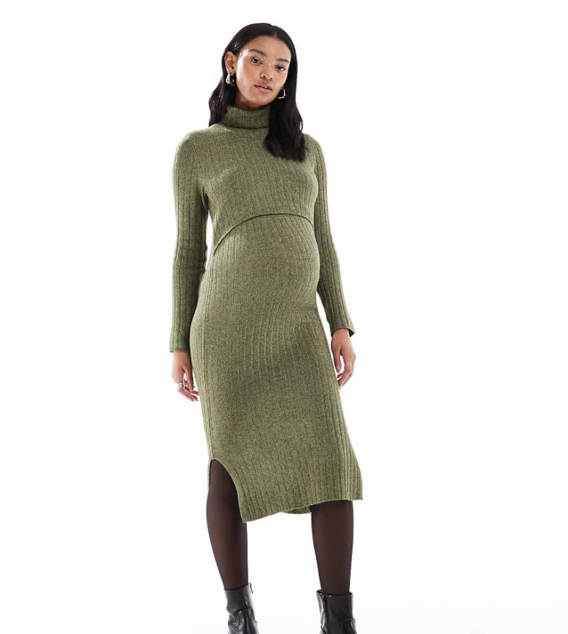 Mamalicious Maternity - Weiches, geripptes Midikleid aus Strick in khaki meliert mit Stillfunktion-Grün von Mama.licious