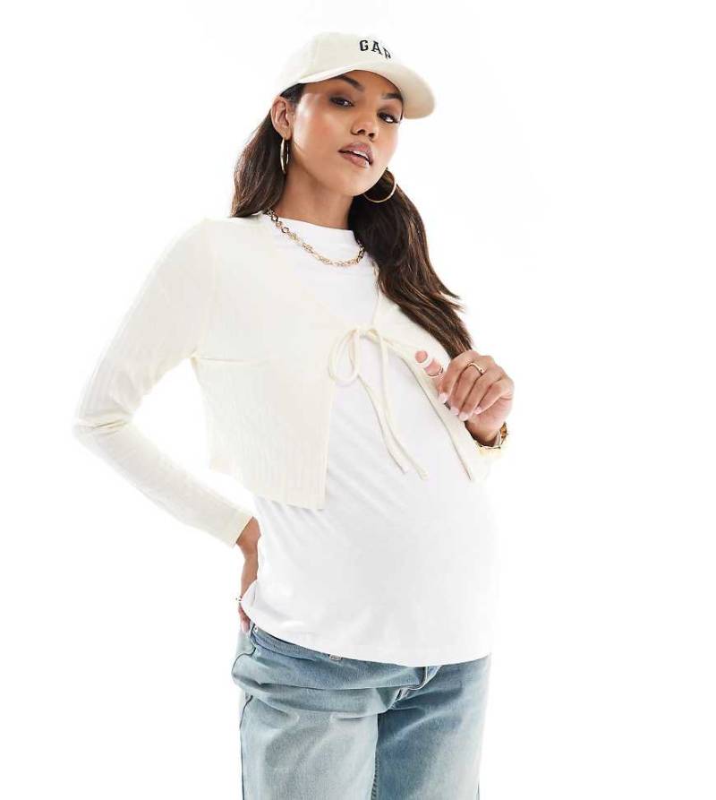 Mamalicious - Umstandsmode - Gerippte Cropped-Strickjacke in Creme-Neutral von Mama.licious
