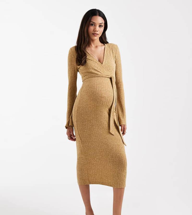 Mamalicious - Umstandsmode - Stillfreundliches Midikleid aus Rippstrick in Gelb meliert mit Wickelfront von Mama.licious