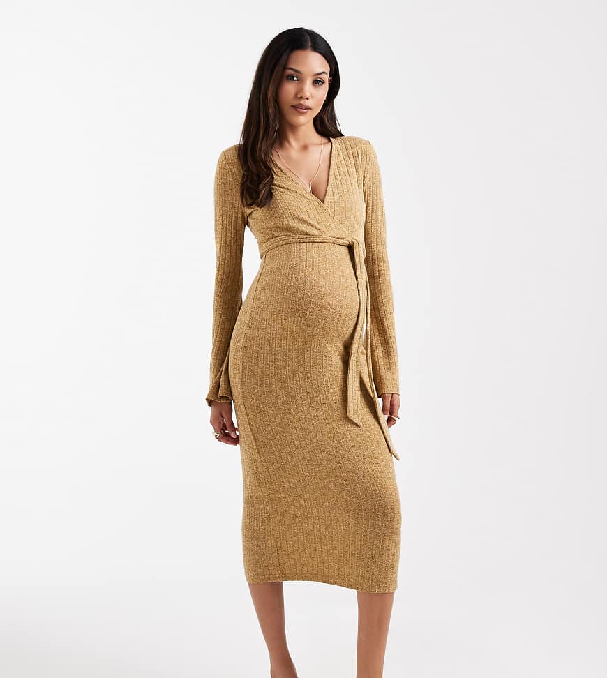 Mamalicious - Umstandsmode - Stillfreundliches Midikleid aus Rippstrick in Gelb meliert mit Wickelfront von Mama.licious