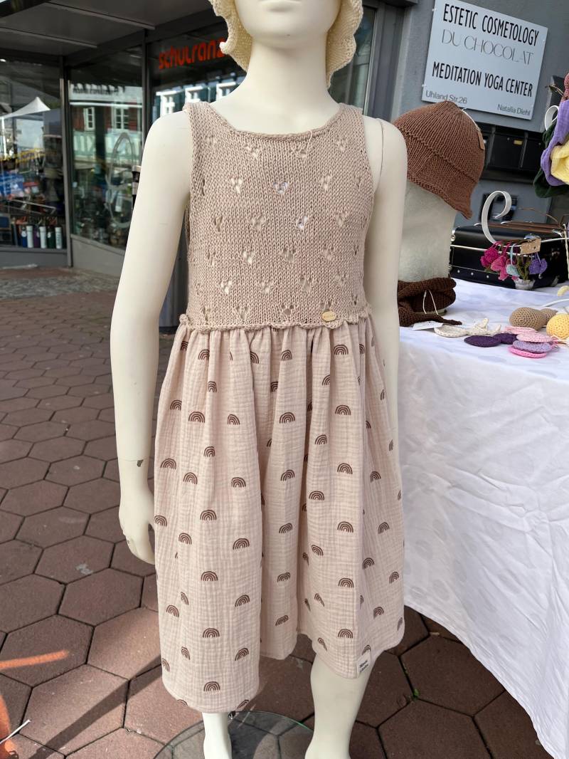 Sommerkleid Mädchen Ärmellos Gr.128-134-140 Musselinkleid Einschulung Kommunion/Konfirmation Beige Regenbogen Braun Geschenk Kleid Unifarben von MamaSchaetze