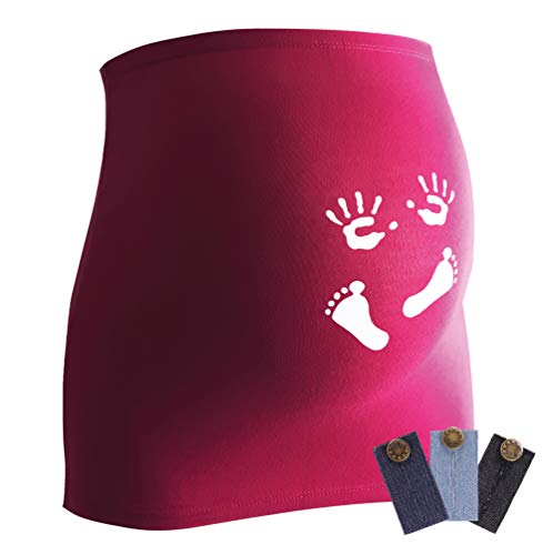 Mamaband Schwangerschaft Bauchband für die Babykugel mit süßem Aufdruck + 3erPack Jeanserweiterung – Rückenwärmer und Shirtverlängerung für Schwangere – Elastische Umstandsmode Magenta 32-38 von mama band