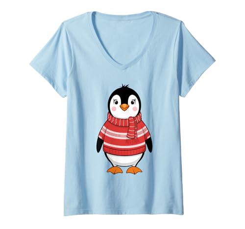Damen Pinguin Winter Süßer Pinguin mit Schal Winterpullover Tier T-Shirt mit V-Ausschnitt Damen Pinguin Winter Süßer Pinguin mit Schal Winterpullover Tier T-Shirt mit V-Ausschnitt von Mamagahte95