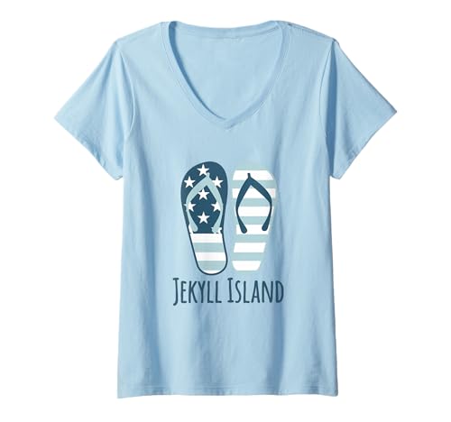 Damen Jekyll Island Georgia Nautical Beach, gestreifte Flip-Flops T-Shirt mit V-Ausschnitt Damen Jekyll Island Georgia Nautical Beach, gestreifte Flip-Flops T-Shirt mit V-Ausschnitt von Mamaknows Jekyll Island Georgia