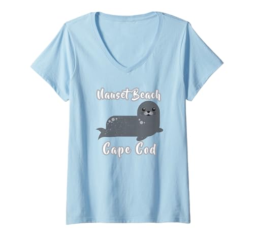 Damen Nauset Beach Orleans Rustikale Whimsy Cute Harbor Seal Coastal T-Shirt mit V-Ausschnitt von Mamaknows Nauset Beach Cape Cod Massachusetts