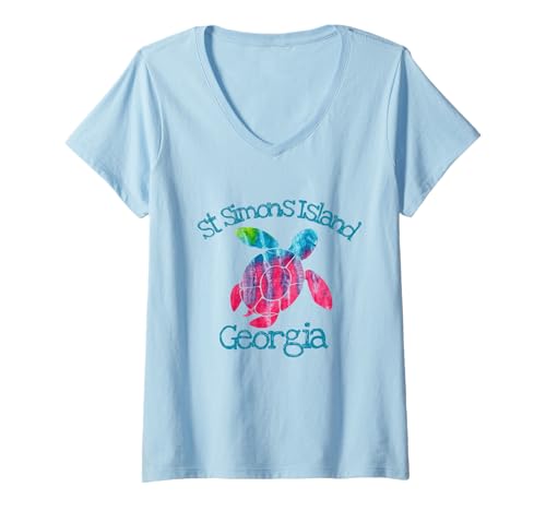 Damen St Simons Island Beach Aquarell Unechte Schildkröte Tie Dye T-Shirt mit V-Ausschnitt von Mamaknows St Simons Island Georgia