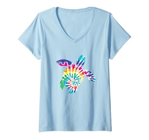 Damen Batik-Batik, Unechte Schildkröte, Sommer, Batik, Strand, tropischer Ozean T-Shirt mit V-Ausschnitt von Mamaknows Tie Dye Loggerhead Turtle