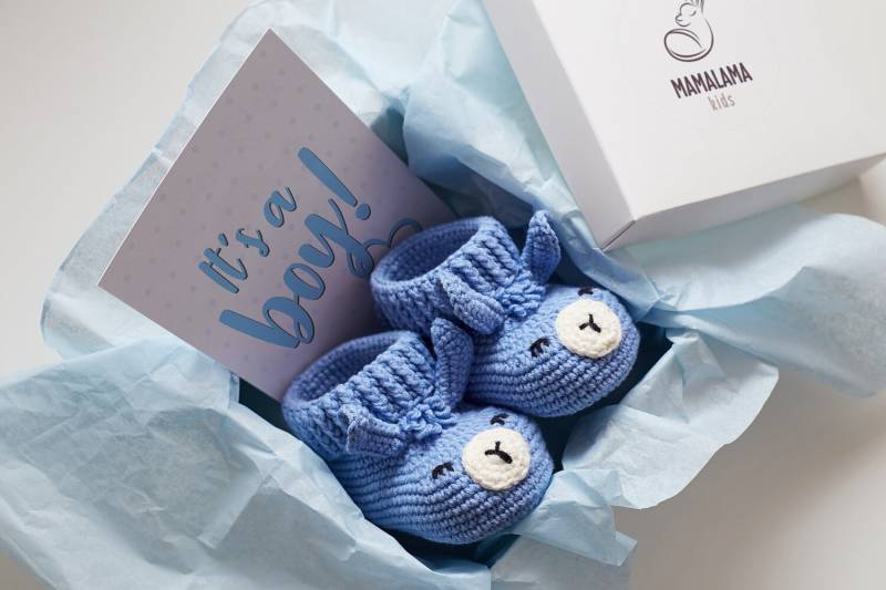 Gestrickte Baby Booties Its A Boy Lama Schuhe Taufe Geschenk Gender Reveal Shower Box Häkeln Kinderzimmer Neugeborenen Dekor Foto Requisiten Set von MamalamaKids