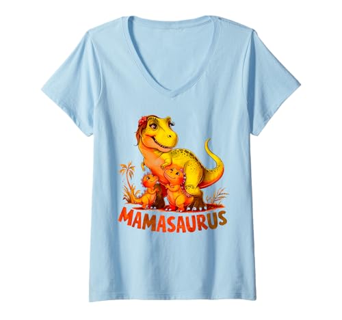 Damen Mamasaurus T-Rex Dinosaurier Mama mit zwei Kindern Süße Familie T-Shirt mit V-Ausschnitt von Mamasaurus Dinosaur TRex Mom Shirt Family Gift