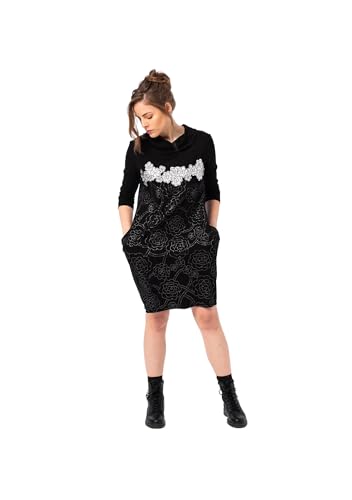 Mamatayoe Devorè. Kurzes Kleid mit hohem Kragen für Damen, schwarz-weiß Bedruckt mit gestickten Details. Lässiges Kleid aus Roma-Strick mit Taschen und Langen Ärmeln für Herbst und Winter. Größe XXL von Mamatayoe