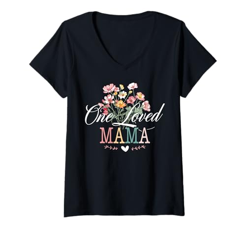 Damen Damen One Loved Mama Cute Floral for Moms Mother's Day T-Shirt mit V-Ausschnitt von Mamaw Gifts Women One Loved Mama Tee