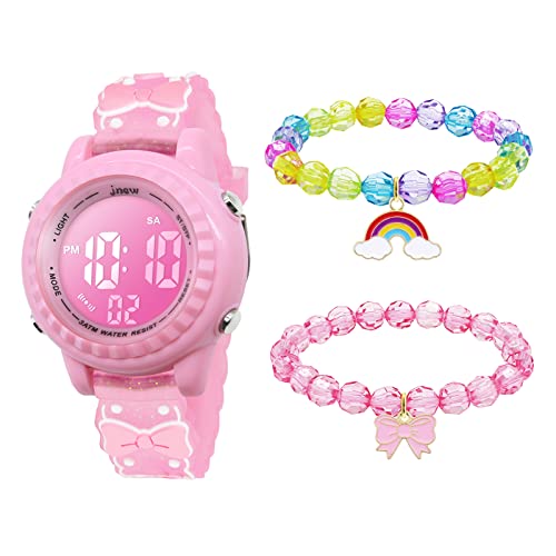 Kinderuhr Digital für Jungen Mädchen 3ATM Wasserdicht Kinder Armbanduhr mit Wecker Datum Stoppuhr Kinder Uhr für 3-10 Jahre (Rosa Binden Set) von Mamiddle