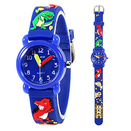 Mädchen und Jungen Analog Quarz Uhr mit Cartoon Design 30M Wasserdichte Silikon/Nylon Armband Japanischen Quarzwerk Lern Armbanduhr für Kinder 3-10 Jahre (Silikon - Dino Blau) von Mamiddle