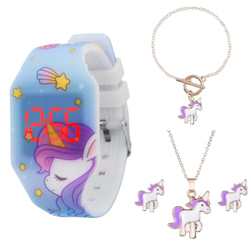 Mamiddle Digitale Kinderuhr LED Armbanduhr für Jungen und Mädchen Einfache Freizeituhr für Kinder mit Uhrzeit & Datumsanzeige Einteiliges Weiches Leuchtendes Silikon Gehäuse & Band (Einhorn Blau Set) von Mamiddle