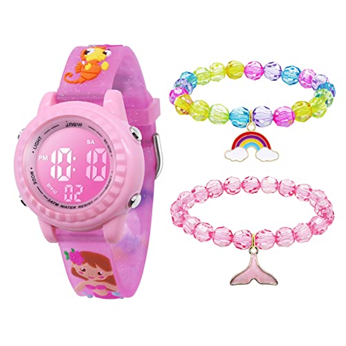 Mamiddle Kinderuhr Digital für Jungen Mädchen 3ATM Wasserdicht Kinder Armbanduhr mit Wecker Datum Stoppuhr Kinder Uhr für 3-10 Jahre (Rosa Meerjungfrauen Set) von Mamiddle