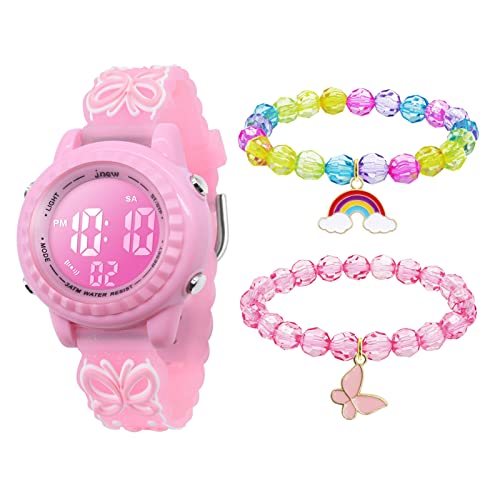 Mamiddle Kinderuhr Digital für Jungen Mädchen 3ATM Wasserdicht Kinder Armbanduhr mit Wecker Datum Stoppuhr Kinder Uhr für 3-10 Jahre (Rosa Schmetterling Set) von Mamiddle