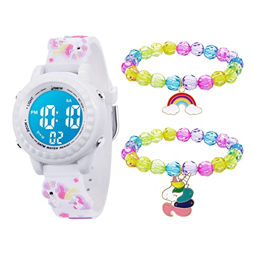 Mamiddle Kinderuhr Digital für Jungen Mädchen 3ATM Wasserdicht Kinder Armbanduhr mit Wecker Datum Stoppuhr Kinder Uhr für 3-10 Jahre (Weißes Einhorn Set) von Mamiddle