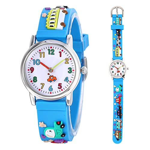 Mamiddle Mädchen und Jungen Analog Quarz Uhr mit Cartoon Design 30M wasserdichte Silikon/Nylon Armband Japanischen Quarzwerk Lern Armbanduhr für Kinder 3-10 Jahre (Silikon - Kleinwagen Blau) von Mamiddle