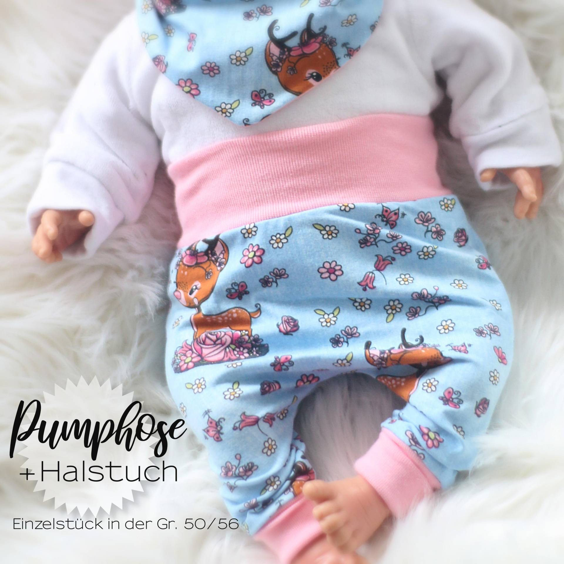 Sofort Versandbereit // Gr. 50/56 /Pumphose Baby Mit Halstuch/Handmade Blau+Rosa Rehmotiv Jerseyhose Babyhose Geschenk Zur Geburt von Mamitoppi