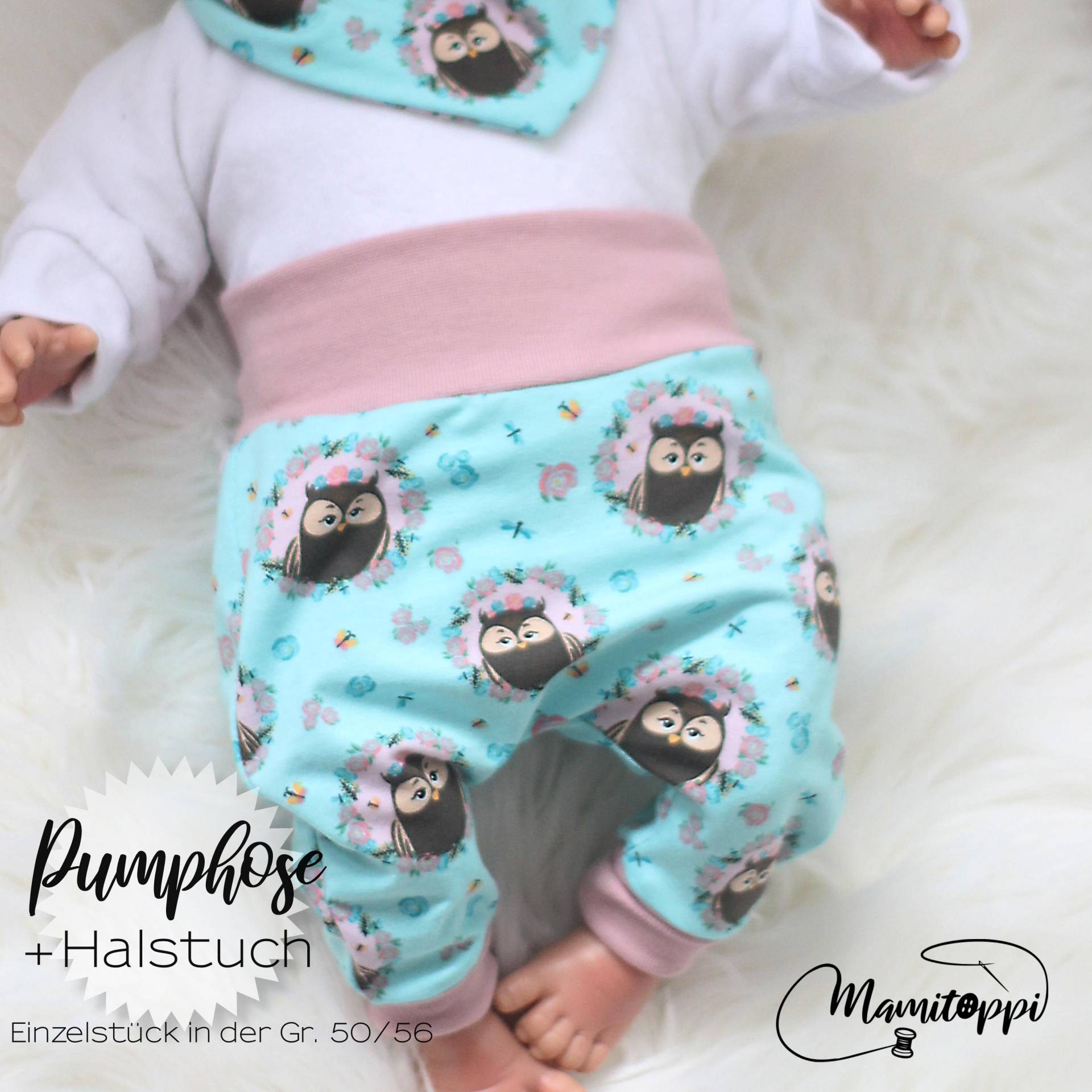 Sofort Versandbereit // Gr. 50/56 Pumphose Baby Mit Halstuch/ Handmade/Blau+Rosa Eule Jerseyhose Babyhose Geschenk Zur Geburt von Mamitoppi