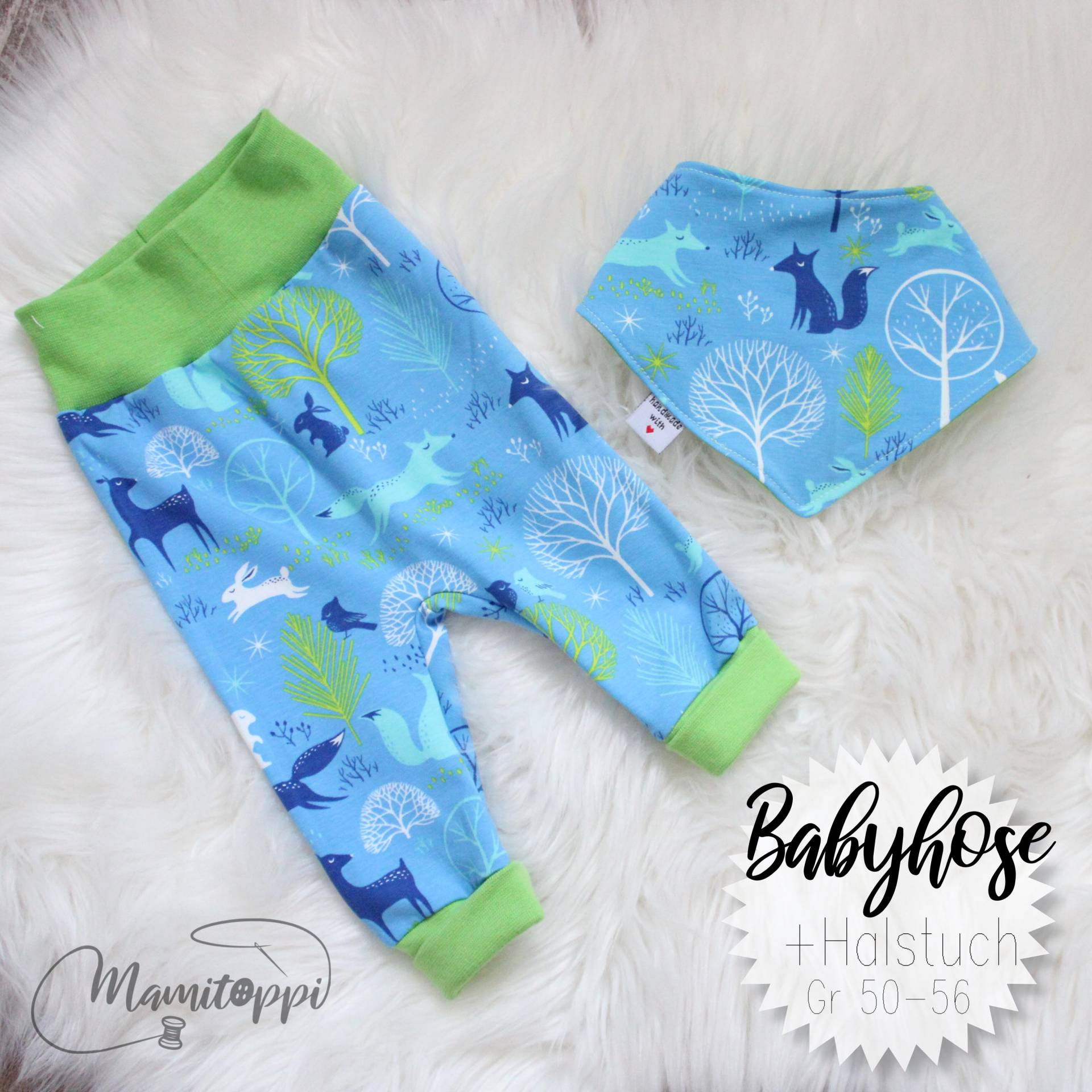 Sofort Versandbereit // Gr. 50-56/Babyhose + Halstuch/ Handmade Tiere/ Jerseyhose Blau Grün/ Geschenk Zur Geburt von Mamitoppi