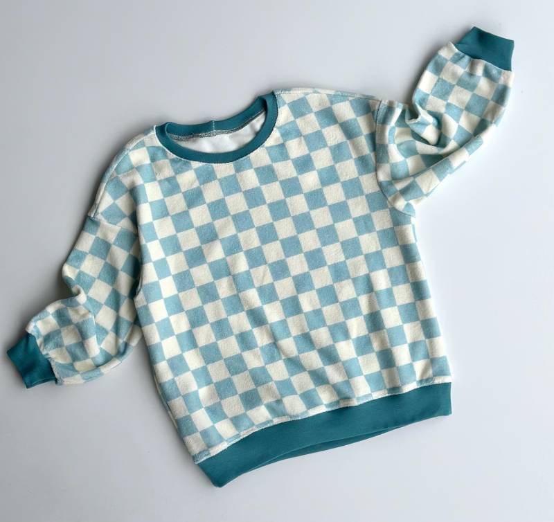 Einzelstück, 104, Frottee Oversize Sweater Schachbrett Für Kinder, Kinderpullover von MamiundTami