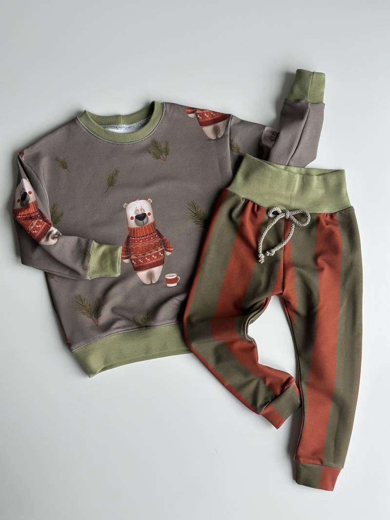 Kinder Set Aus Sommersweat, Langarm Shirt Und Jogginghose Für Jungen Mädchen, Größe 92, Handmade, Stoff Von Thea, Winter, Bär, Streifen von MamiundTami