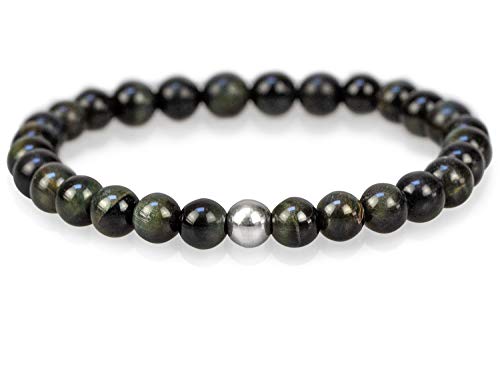 Mamma Bavaria Edelstein Armband für Damen, Schmuck Edelsteinarmband dunkelgrün 19 cm aus 6 mm Falkenauge Edelsteinen, Frauen Echtschmuck Armbänder ohne Verschluss, Damenarmband mit Echt Silber Perle von Mamma Bavaria